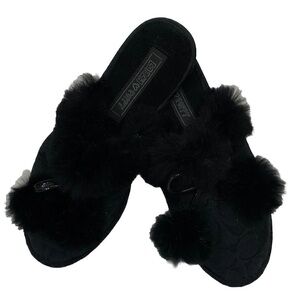 Coach Slippers Poppy 6 Jayda Black Signature Faux Fur Slip On Mules Pompoms